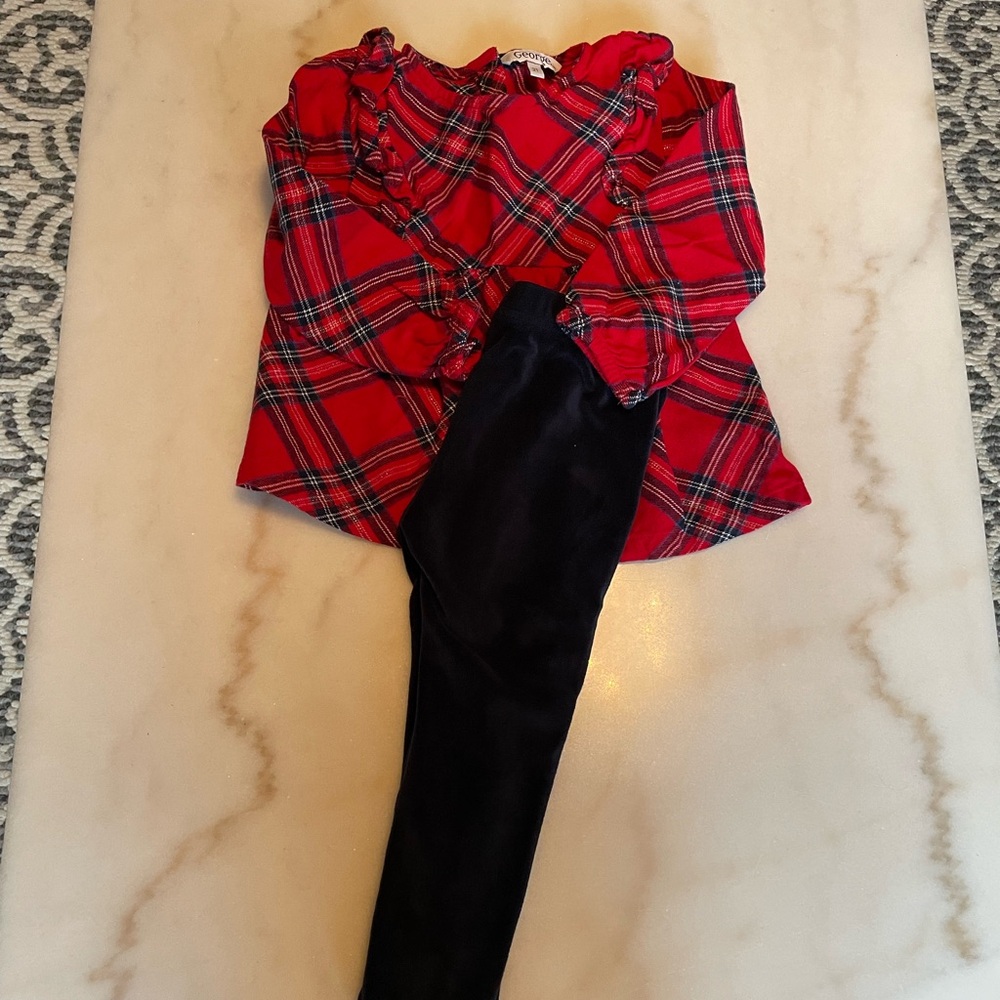 🍒2/$15 Red Plaid Ruffle-Trim Blouse and matching blue velvet leggings
